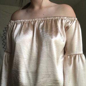 long bell sleeve metallic off the shoulder top